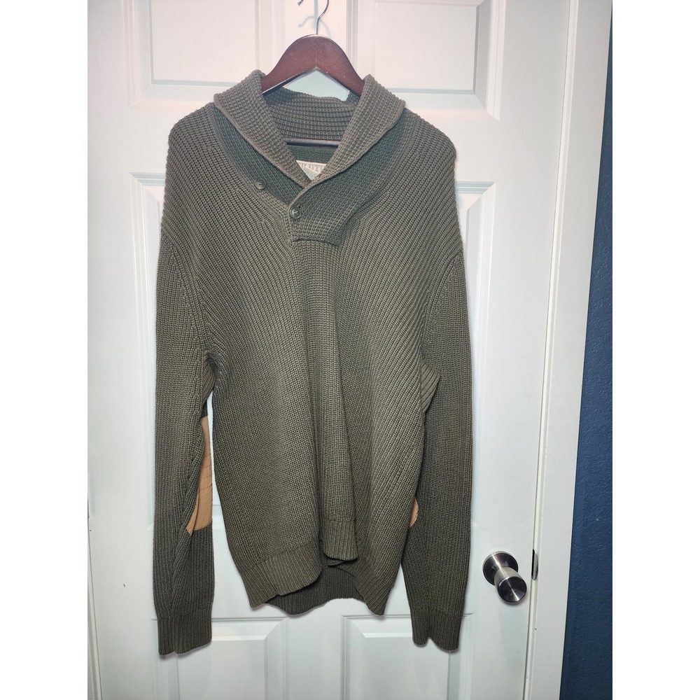 Duluth Trading Co Mens Medium Olive Green Shawl Elbow Patch Sweater Cotton/Wool